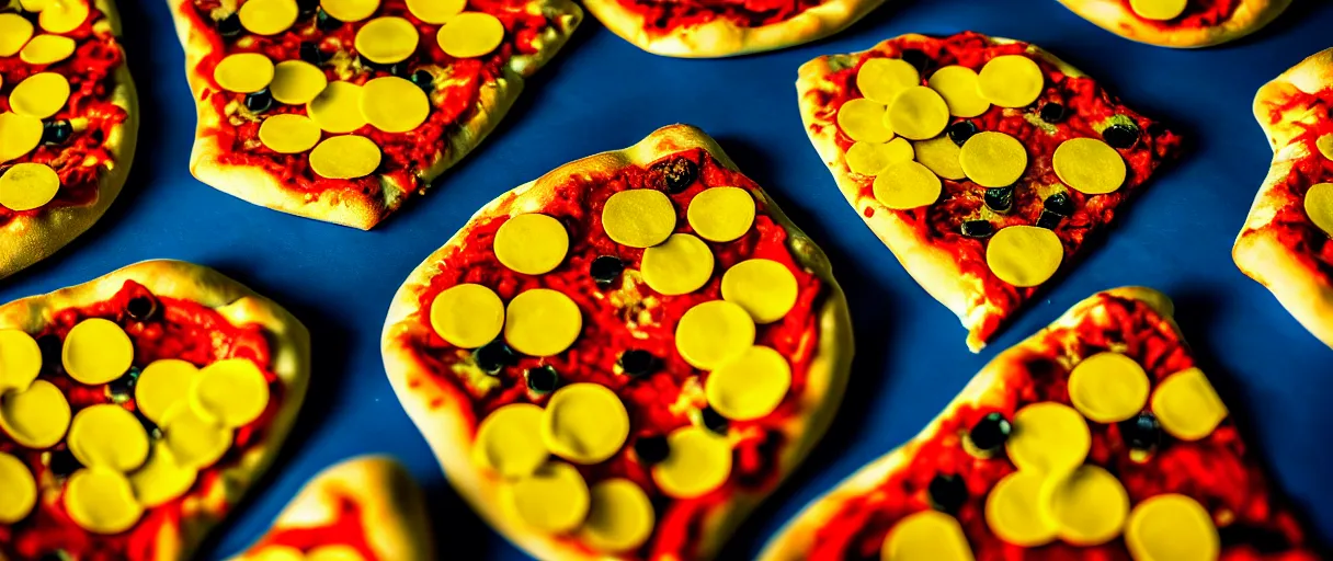 Image similar to pop art gooey pizza slices and chicken nuggets walter battiss dramatic yellow lighting low angle hd 8k sharp shallow depth of field