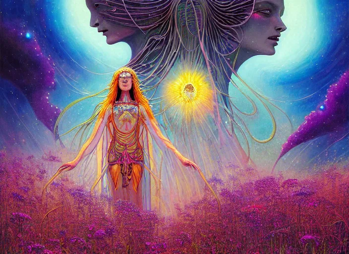 Image similar to a beautiful painting of a large alien godess emerging from a magical shrine shrouded by mystic nebula magic in a field of flowers by moebius and android jones, oil on canvas sharp, details, hyper - detailed, hd, hdr, 4 k, 8 k