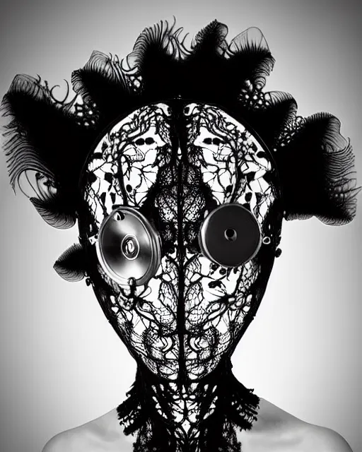 Image similar to surreal black and white photo portrait of complex bio-mechanical beautiful young female vegetal-cyborg with a Mandelbrot fractal steampunk metal fine lace face, a very long neck and a fine metal floral foliage super big lace collar by Alexander McQueen:: smoke, high fashion, haute couture, rococo, steampunk, silver filigree details, anatomical, facial muscles, cable wires, microchip, elegant, dreamy, foggy atmosphere, hyper realistic, 150 mm lens, soft rim light, octane render, unreal engine, picture was taken in 1910 by Man Ray, volumetric lighting, dramatic light,8k,