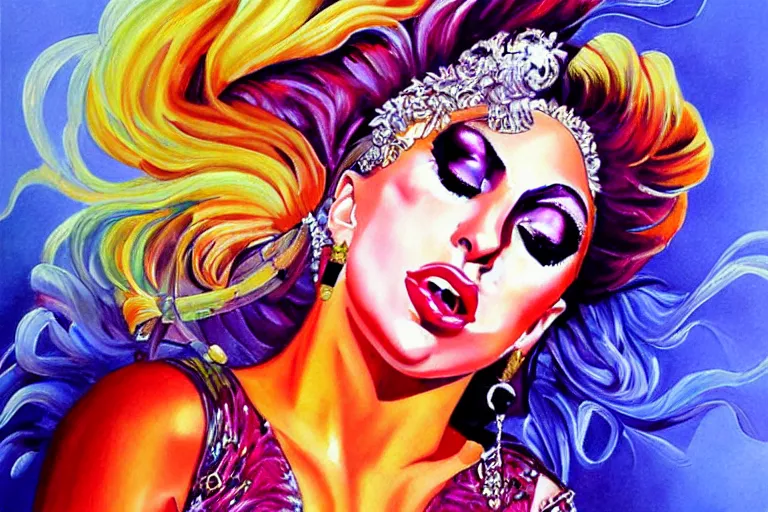 Prompt: highly detailed oil painting of lady gaga singing, colorful dress, very realistic, art nouveau, dramatic light,