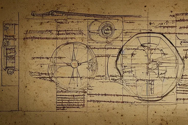 Image similar to ancient technical schematics on parchment by leonardo da vinci of a lancia 0 3 7