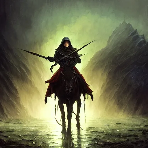 Image similar to ''cinematic shot'' a dark hooded mage on a horse riding to the battle leading his army of undead casper david friedrich raphael lacoste vladimir kush leis royo volumetric light effect broad light oil painting painting fantasy art style sci - fi art style realism artwork unreal engine