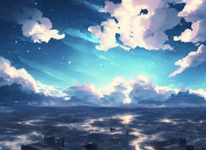 HD wallpaper: anime, sky, water, blue, mirror, lights, clouds, sea, lake |  Wallpaper Flare