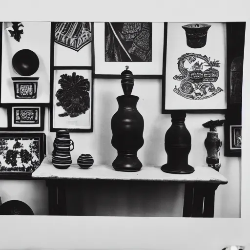 Prompt: a black and white screen print photography of a arrangement of colonial objects, 6 0 s ( ( ( ( ( anthropology ) ) ) ) ) colonial, meta exotic artifacts