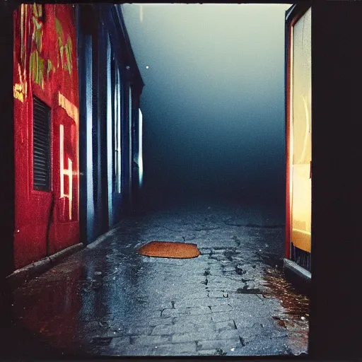 Prompt: kodak portra 4 0 0, wetplate, 8 5 mm carl zeiss, blueberry, award - winning colour by britt marling : a gloomy rainy alleyway at night, vivid caustics, quadratic quadratic picture frames, cinematic haze