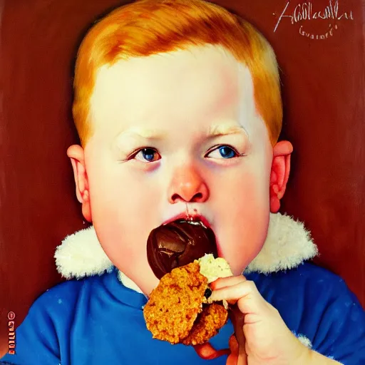 Image similar to painting of a ginger hair chubby boy eating a delicious cholocate chunks cookies, buzz cut, america, norman rockwell