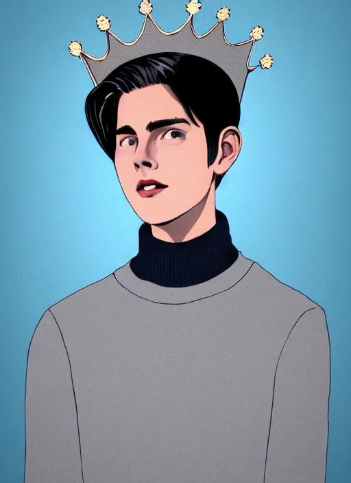 Image similar to portrait of teenage jughead jones wearing a light grey crown, crown, blue turtleneck, 1 9 5 0 s, closed eyes, photorealistic, black hair, glowing lighting, intricate, elegant, glowing lights, highly detailed, digital painting, artstation, concept art, smooth, sharp focus, illustration, art by wlop, mars ravelo and greg rutkowski