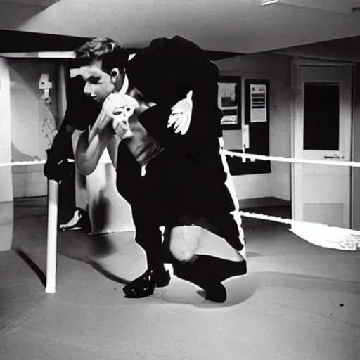 Image similar to maxwell smart wrestling batman in the cone of silence. dark room red gloves. icecream on the floor. from stanley kubrick movie