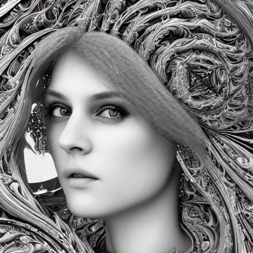 Prompt: wonderful princess of fractals, beautiful face, hyper detailed, flowing background intricate and detailed, ornate 8 k gorgeous intricate detailed, octane render, carved marble, black and white