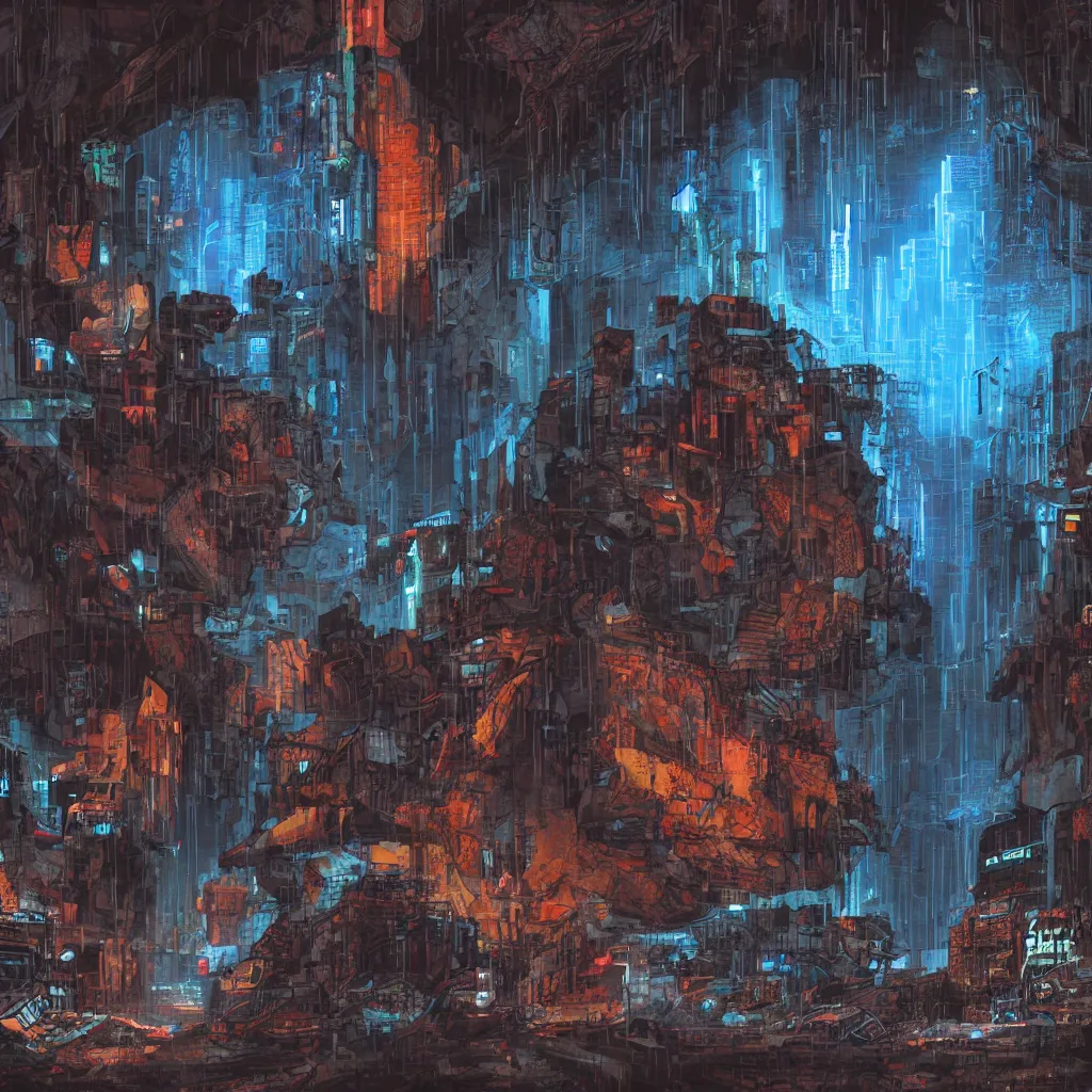 Image similar to a cave painting of a cyberpunk cave