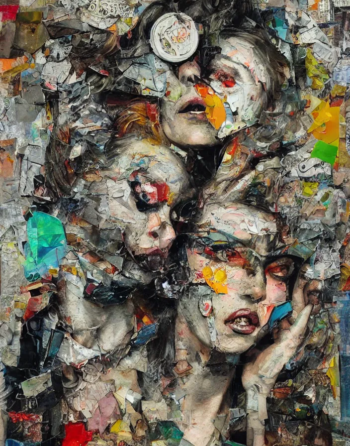 Prompt: eat this detailed analogue mixed media collage with canvas texture in style of contemporary art, punk art, hyperrealistic beautiful face, photorealistic, expressionism, masterpiece, perfect composition, spectacular quality, intricate oil details, vivid broken glass, torn paper, magazine pages