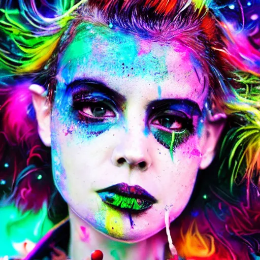 Prompt: splashes of neon galaxies, mowhawk, punk women portrait made out of paint, trending on artstation, epic composition, emotional, beautiful, rendered in octane, highly detailed, realistic, tim burton comic book art, sharp focus, unreal engine