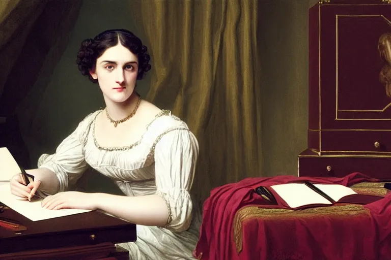 Prompt: 1 8 1 0 s katie mcgrath writing at her desk by vittorio reggianini, bright godray lighting, perfectly detailed eyes, colorful clothes, beautiful hands, pale skin, clear face