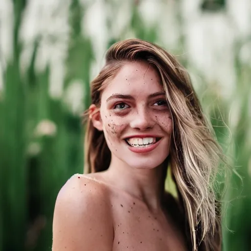 Prompt: a trending photo of over a million views from a female fashion model's instagram account, summer, freckles, smile, green eyes, natural, easygoing, healthy, nikon, leica, zeiss, 5 0 mm lens, flash fill, f 1. 8 depth of field