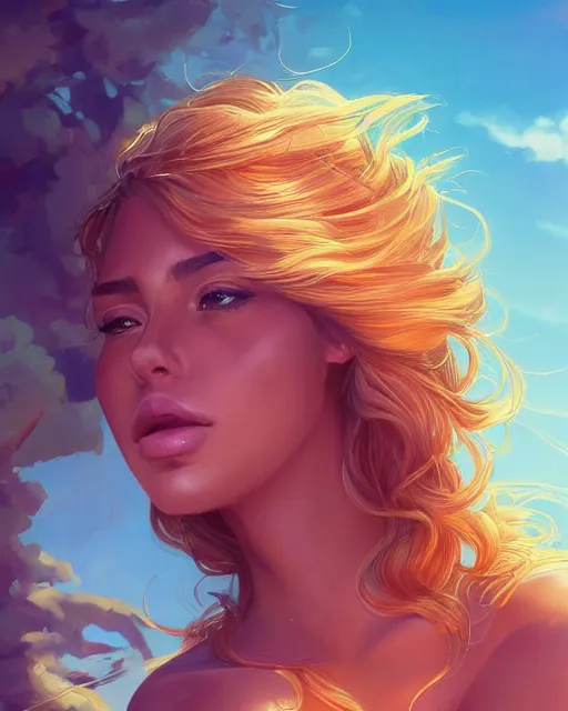 Image similar to summer vibes, beautiful sun tanned goddess portrait, flowy sunkissed hair, sun, summer, cinematic lighting, highly detailed, digital painting, trending on artstation, pixiv, concept art, sharp focus, illustration, art by ross tran and wlop