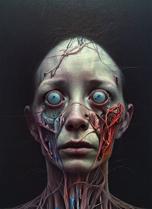 Image similar to there is ugliness in beauty, but there is also beauty in ugliness detailed portrait painting inspired by beksinski and alex gray, accurate anatomy, vintage, anamorphic lens, anamorphic lens flares, kodakchrome, cinematic composition, award winning photo, by jenny saville. 8 k