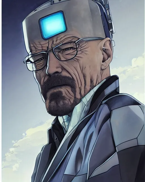 Image similar to portrait of walter white as a robot, cybernetic enhancements, art by makoto shinkai and alan bean, yukito kishiro