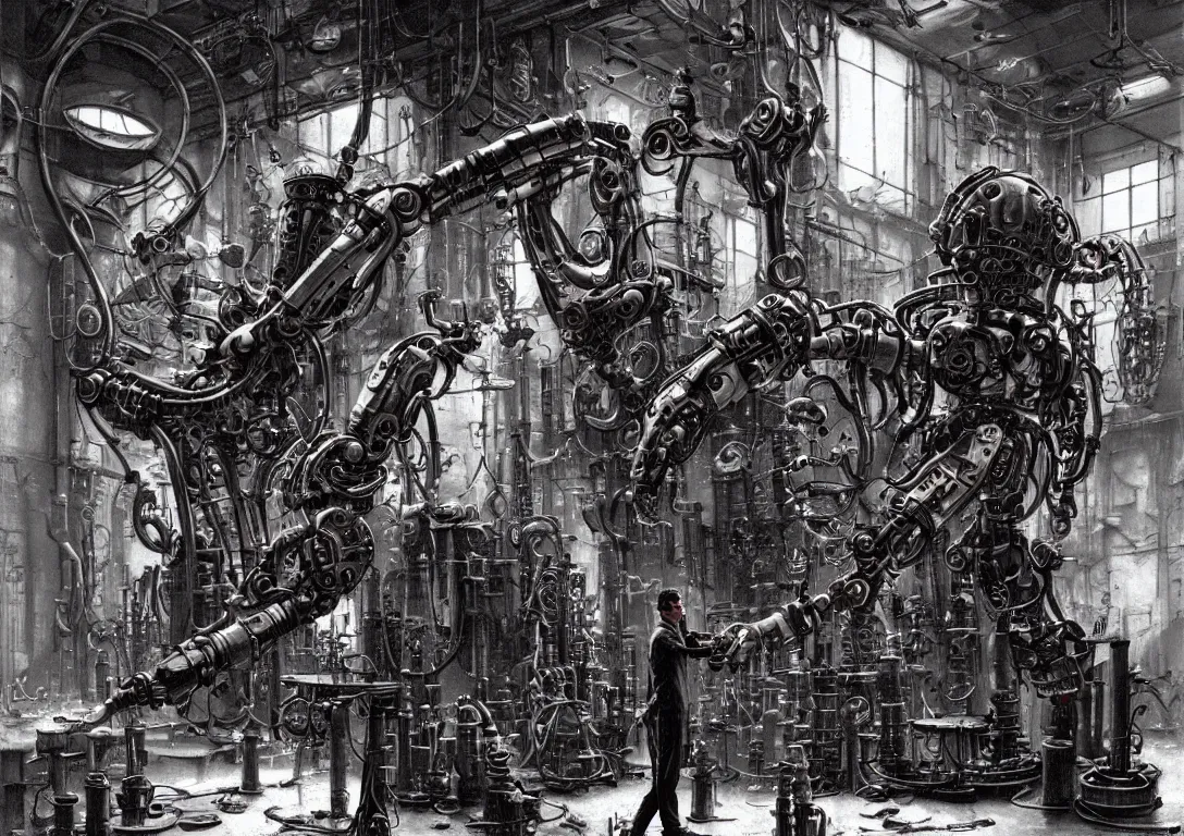 Image similar to a man in a messy steampunk workshop inspecting a futuristic robot hand in the style of wayne barlowe, dali, boris vallejo