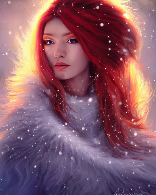 Prompt: beautiful eskimo woman auburn beauty portrait, long flowing red hair, blizzard of crystalline ice and snow, sparkling radiant light, fantasy portrait by artgerm, photorealism