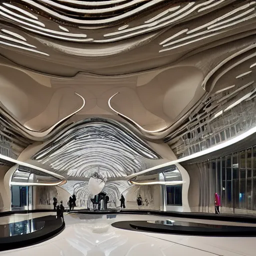 Image similar to extremely detailed ornate stunning beautiful elegant futuristic museum lobby interior by Zaha Hadid