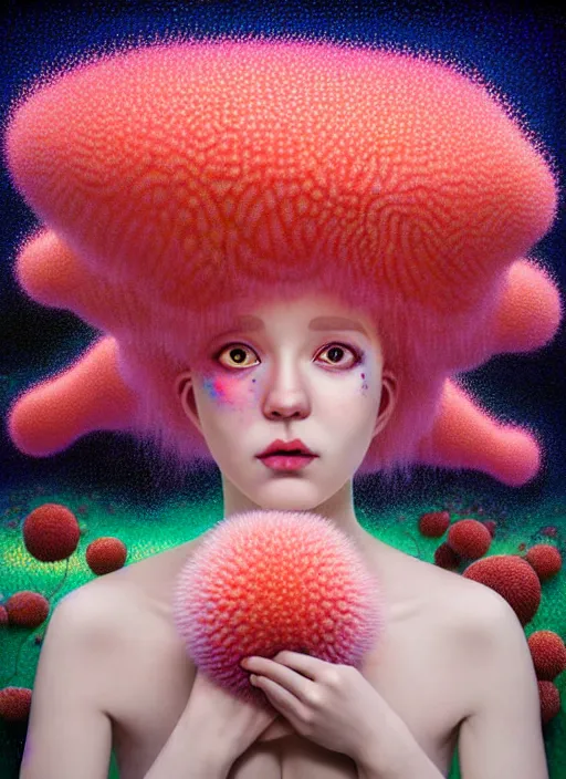 Prompt: hyper detailed 3d render like a Oil painting - kawaii portrait Aurora (coral haired Singer Ferret) seen Eating of the Strangling network of yellowcake aerochrome and milky Fruit and Her delicate Hands hold of gossamer polyp blossoms bring iridescent fungal flowers whose spores black the foolish stars by Jacek Yerka, Mariusz Lewandowski, Houdini algorithmic generative render, Abstract brush strokes, Masterpiece, Edward Hopper and James Gilleard, Zdzislaw Beksinski, Mark Ryden, Wolfgang Lettl, hints of Yayoi Kasuma, octane render, 8k