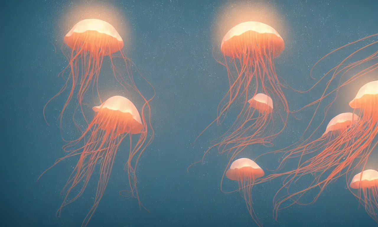 Image similar to Jellyfish swims in the dark sea, trending on artstation, octane render, 8K
