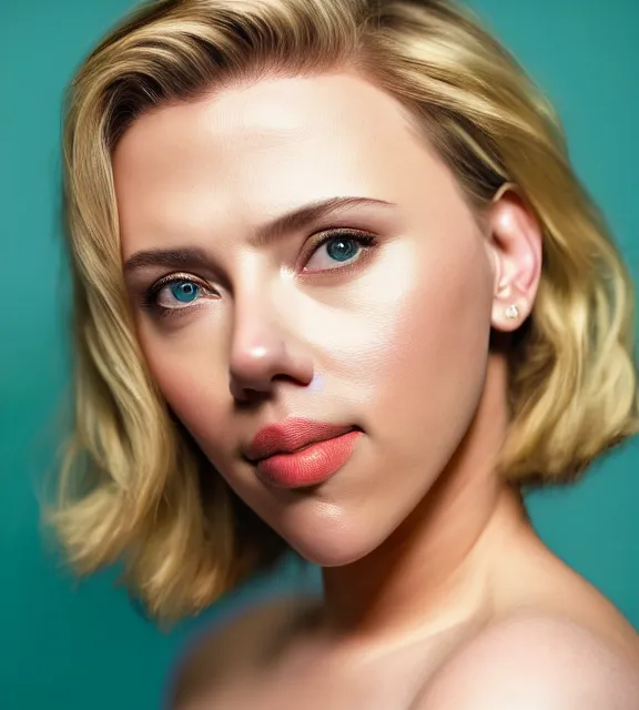 Image similar to beautiful portrait photo of Scarlett Johansson, slight smile, 85mm, teal studio backdrop