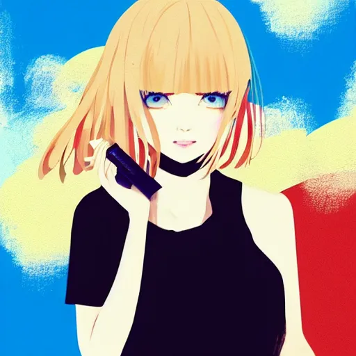 Image similar to ilya kuvshinov with long sky blue hair, gold eyes, amber eyes, boyish face, professional digital painting, black background, wild brush strokes, concept art, award - winning photography, cinematic, wlop, color block, yandere, pop, hip, art by andy warhol, pixiv art, yoshitaka amano