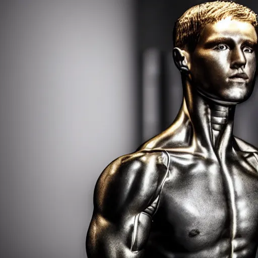 Prompt: a realistic detailed photo of a guy who is an attractive humanoid who is half robot and half humanoid, who is a male android, soccer players martin ødegaard, shiny skin, posing like a statue, blank stare, in a factory, on display, showing off his muscles, gold soccer shorts, side view, looking at each other mindlessly