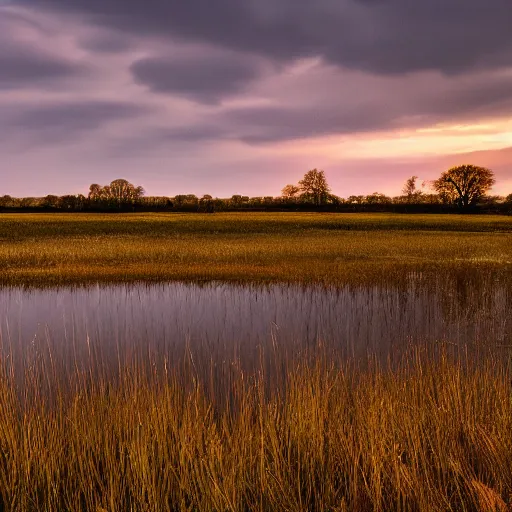 Image similar to a beautiful landscape of the Hoeksche Waard, golden hour, award winning, very detailed, cinematic atmospheric masterpiece