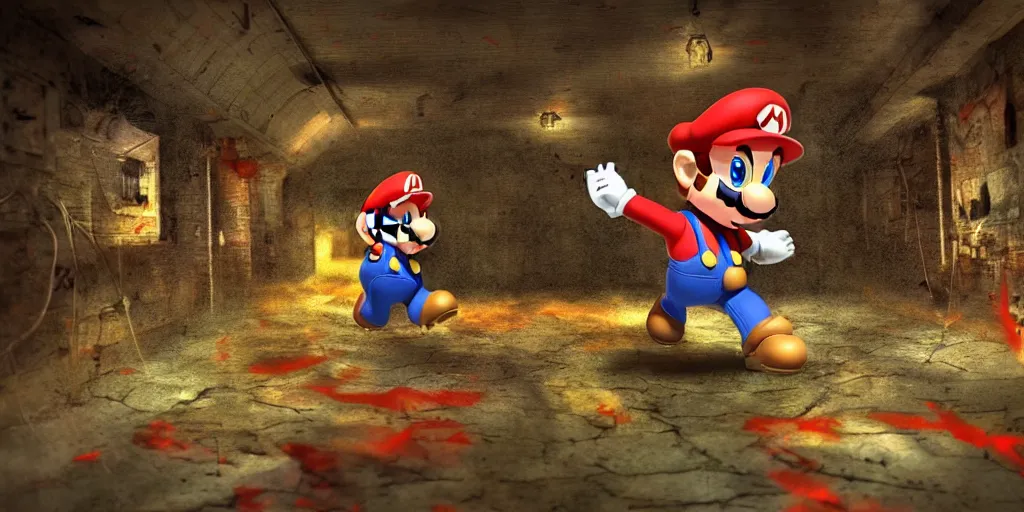 Image similar to super mario 6 4 creepypasta, realistic 4 k octane beautifully detailed render, 4 k post - processing, highly detailed, intricate complexity, epic composition, magical atmosphere, cinematic lighting, masterpiece, ultra hd