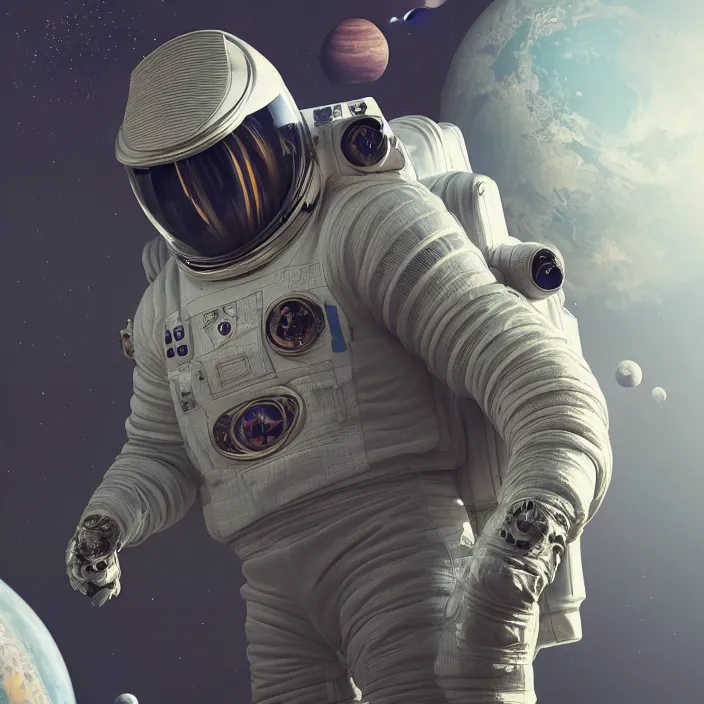 Prompt: very detailed portrait of a majestic kobe, dressed in a spacesuit, sci - fi, futuristic, details, intricate, octane render, redshift, smooth, illustration, fairy lighting, stars and planets in the background, hyperrealistic, by dmitry prozorov, loish, and wlop, trending on artstation, hyperdetailed, hyperrealism
