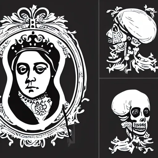 Image similar to queen victoria with a detailed line work skull over her face in screen print graphic style