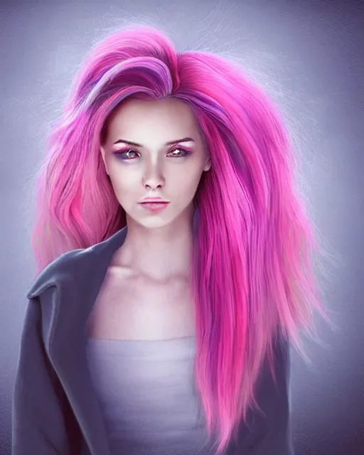 Prompt: a detailed digital art of a dramatic lighting beautiful young woman with cotton candy hair. with a little bit of cyan and pink