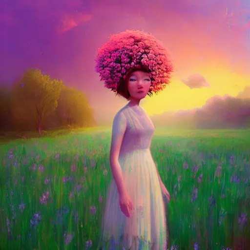 Prompt: girl with a flower face, surreal photography, dream, standing in flower field, magical, in a valley, sunrise dramatic light, impressionist painting, colorful clouds, artstation, simon stalenhag, flower face