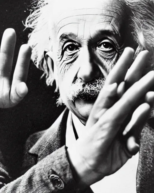 Prompt: an realistic photo of Albert Einstein holding an open hand with seven fingers, palm visible