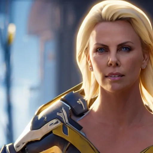 Prompt: film still of charlize theron as mercy in overwatch ( 2 0 2 3 )