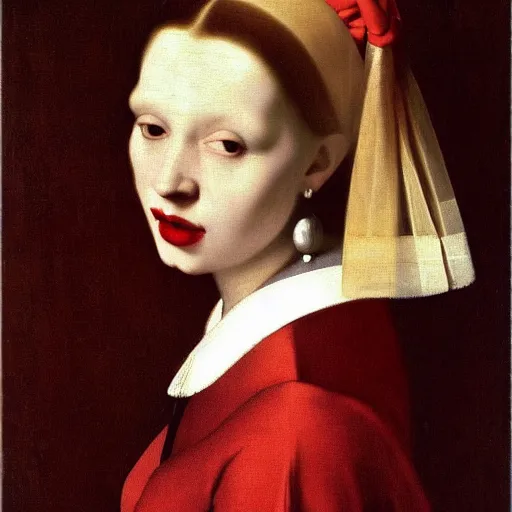 Prompt: sublime portrait of a woman in a red dress, pale, red lipstick, graceful, imposing, idealistic, by Vermeer, Van Dyck, Jean Auguste Dominique Ingres, smooth, sharp focus