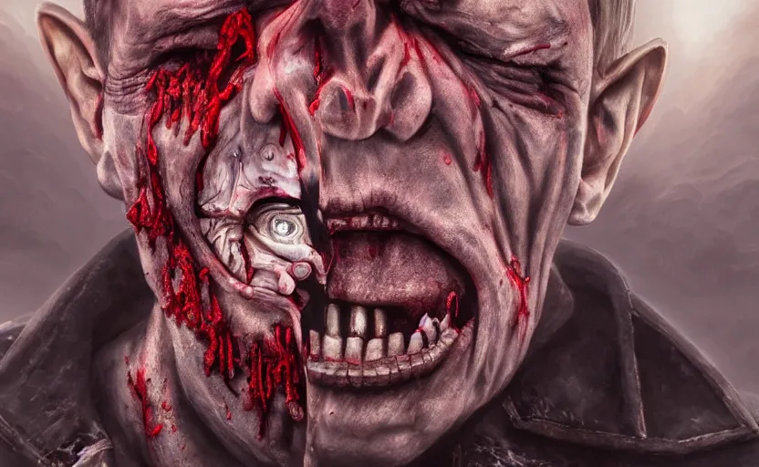 Image similar to zombie Putin on Red Square, close up portrait, fantasy, intricate, сinematic lighting, insanely detailed, smooth, sharp focus, Artstation, 8k, unreal engine, hyper realistic, steampunk style, bright background, moonlight, volumetric lighting, wallpaper, digital illustration by Ruan Jia and Mandy Jurgens and Artgerm and Wayne Barlowe and Greg Rutkowski and Zdislav Beksinski