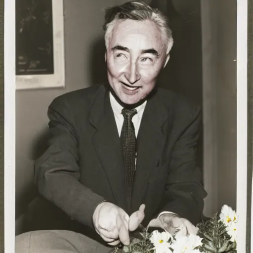 Image similar to color photo of robert oppenheimer selling flowers