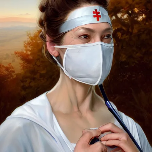 Image similar to epic portrait an female nurse in a white dress and short sleeves wearing a mask and closing her eyes, detailed, centered, digital painting, artstation, concept art, donato giancola, Joseph Christian Leyendecker, WLOP, Boris Vallejo, Breathtaking, 8k resolution, extremely detailed, beautiful, establishing shot, artistic, hyperrealistic, beautiful face, octane render