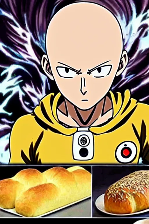 Image similar to baker saitama one punch man, cooking french bread, anime artwork