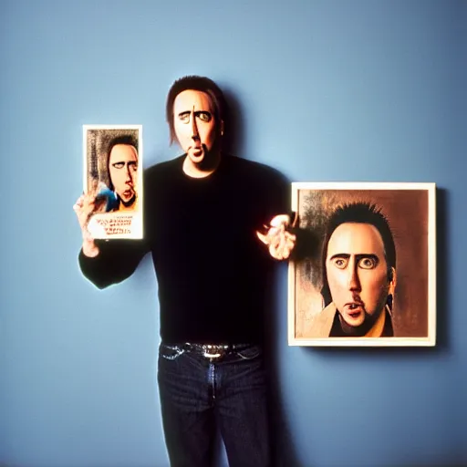 Prompt: Art photography Nicolas Cage holding another Nicolas Cage that holds another Nicolas Cage that painting Nicolas Cage on the wall Photorealism on 8K,Pentax 67, Kodak Portra 400