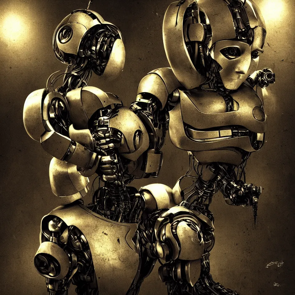 Image similar to robot with a headphone by ben templesmith, dynamic lighting, cinematic, epic composition, masterpiece