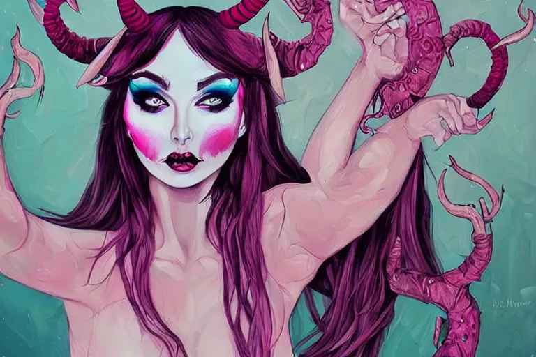 Image similar to a painting of a woman with horns on her head, digital art by harumi hironaka, cgsociety, fantasy art, art on instagram, digital illustration, anime aesthetic