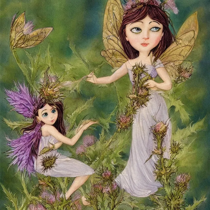 Prompt: a beautiful fairytale painting of a cute thistle seed fairy, a fairy made out of a thistle seed.