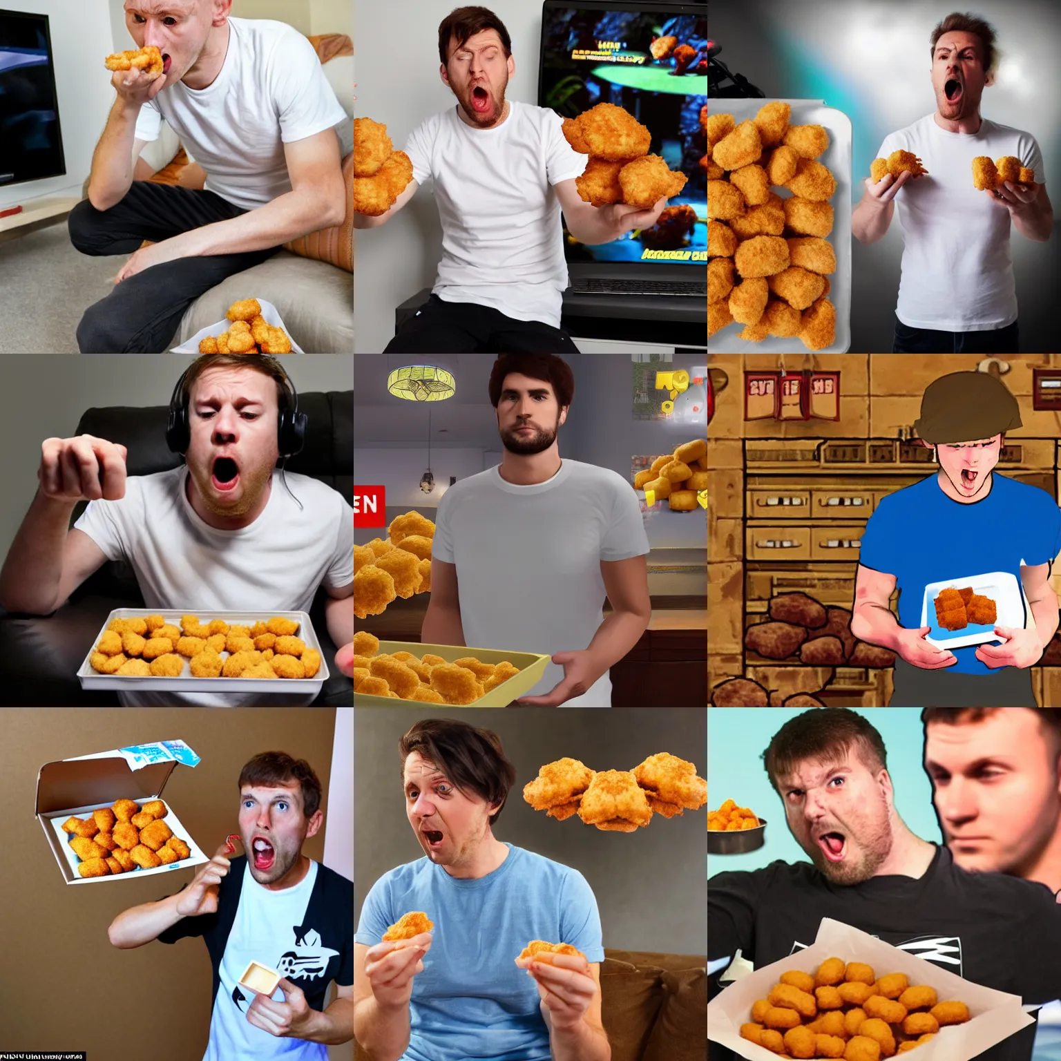 Prompt: englishman wearing a white t - shirt furious at a box of chicken nuggets as plays a video game, angry, highly detailed,