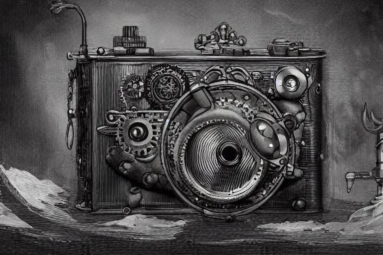 Prompt: a steampunk camera film by gustave dore, trending on artstation