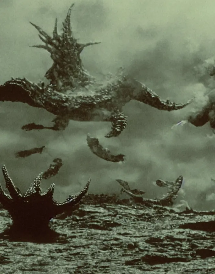 Image similar to a filmstill of a north korean monster movie, kaiju - eiga monster starfish - like trampling a traditional korean palace, foggy, film noir, epic battle, etheral, explosions, communist starfish, thriller, by akira kurosawa and robert eggers, video compression