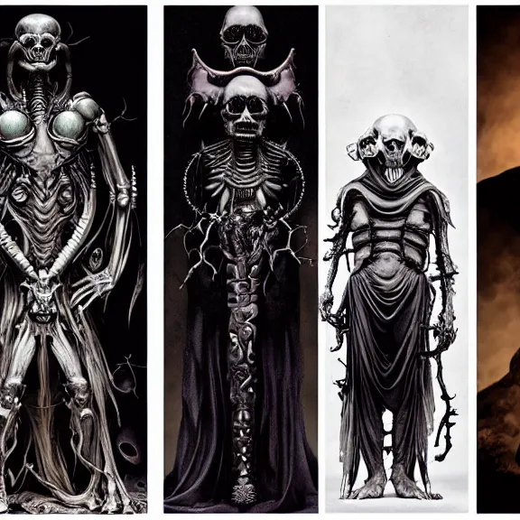 Prompt: still frame from Prometheus by Giger, bone lich God Dr doom by Wayne Barlowe by peter Mohrbacher, dressed by Alexander McQueen and by Neri Oxman, metal couture editorial